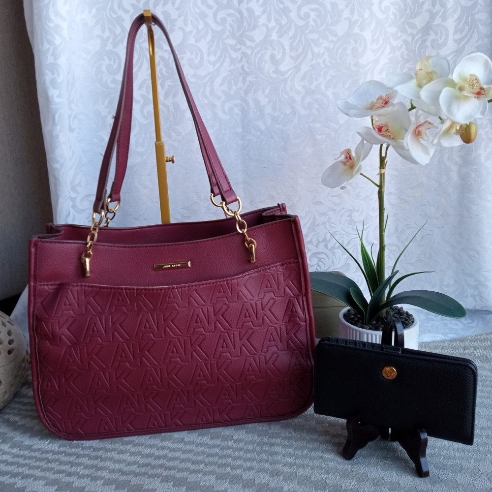 Anne Klein Burgundy Embossed Pebbled Vegan Leather Tote w/Black Wallet